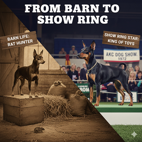 Hình chia đôi: một bên là chó Phốc hươu thời làm thợ săn chuột trong chuồng ngựa, bên còn lại là Minpin đứng trên sân khấu dogshow – minh họa hành trình phát triển của giống.