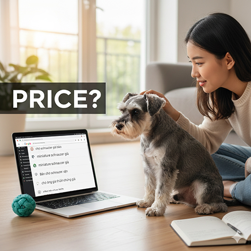 anh co gai tim gia cho schnauzer tren laptop trong khi chu cho ong gia ngoi ben canh