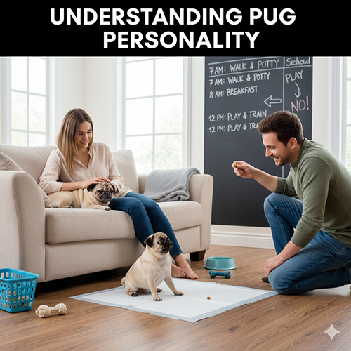 Gia đình chơi và huấn luyện chó Pug con trong phòng khách tại nhà