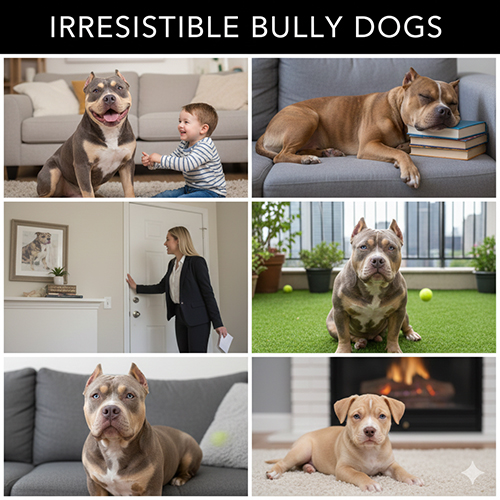 Hình ảnh chó Bully trong đời thường với nhiều khoảnh khắc dễ thương như chơi với trẻ em, nằm ngủ trong nhà và tạo dáng ngoài sân