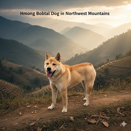 Hình ảnh chó H’Mông cộc đuôi đứng trên núi rừng Tây Bắc giữa ruộng bậc thang