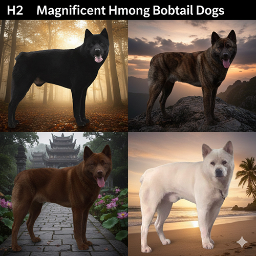 Hình ảnh chó Mông Cộc đủ bảng màu: đen, vện, đỏ nâu và trắng