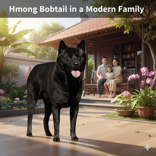 Hình ảnh chó Mông Cộc đen trong sân nhà phố cùng gia đình hiện đại