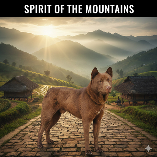 Ảnh chó Mông Cộc nâu đỏ đứng giữa bản làng vùng núi, phía sau là núi non và ruộng bậc thang.
