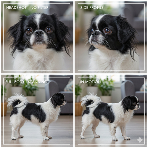 Hình ảnh chó Nhật Japanese Chin với các góc chụp chính diện, nghiêng, toàn thân và khi di chuyển không dùng filter