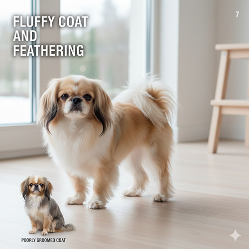 Hình ảnh chó Nhật Japanese Chin với bộ lông xù bông, tai lông tưa mềm và đuôi bông vắt lưng