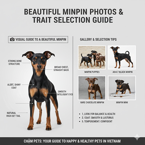 Chó Phốc hươu đứng chính diện với các chú thích ngoại hình đẹp; kèm theo bộ sưu tập ảnh Minpin con, trưởng thành, màu socola và size mini.