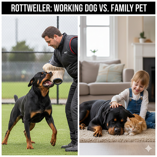 Hình chó Rottweiler khi làm việc và khi sống như thú cưng gia đình