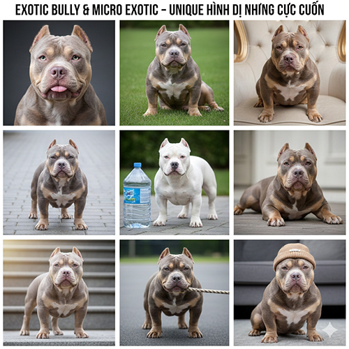 Hình ảnh Exotic Bully và Micro Exotic với đầu to, chân ngắn, body quá khổ và nhiều màu hiếm như lilac, merle, blue, chocolate