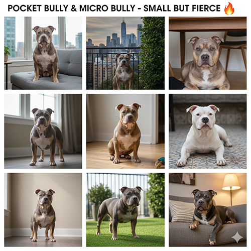 Hình ảnh Pocket Bully và Micro Bully nhỏ gọn, cơ bắp săn chắc, chụp trong căn hộ, sofa và không gian sống thành phố