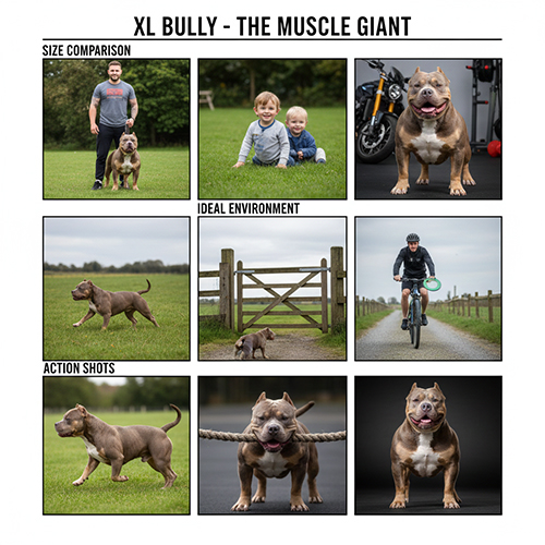Hình ảnh chó Bully XL khổng lồ cơ bắp chụp so sánh với người, trẻ em và trong không gian sân vườn rộng