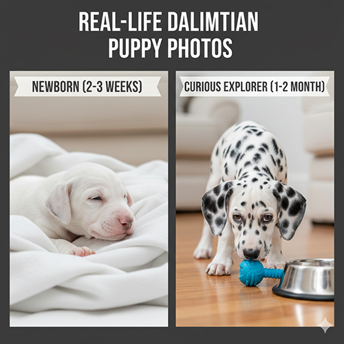 Hình ảnh chó Đốm con ngoài đời qua các giai đoạn từ sơ sinh đến 1–2 tháng tuổi