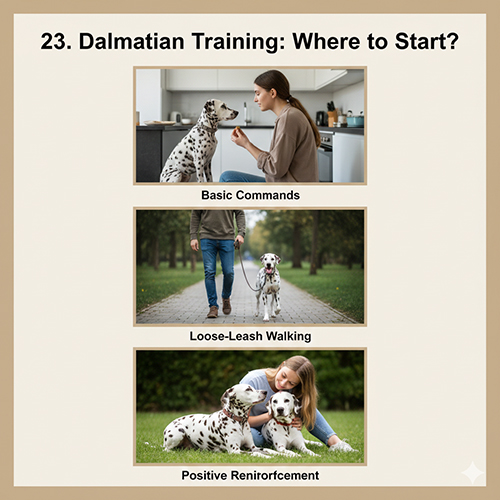 Huấn luyện chó Đốm Dalmatian với lệnh cơ bản, đi dạo không kéo dây