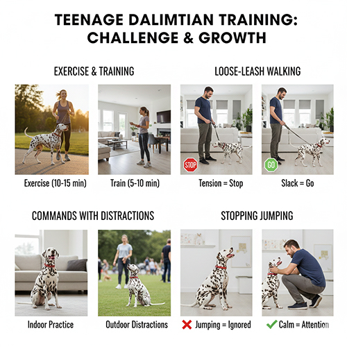 Huấn luyện chó Đốm Dalmatian giai đoạn 6–18 tháng với nhiều xao nhãng