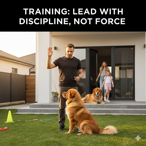 Hình ảnh huấn luyện chó Ngao Tây Tạng tại sân nhà, nhấn mạnh kỷ luật và kiểm soát