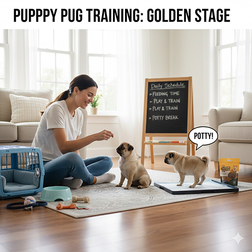 Huấn luyện chó Pug con 2–6 tháng tuổi học lệnh và đi vệ sinh trong nhà