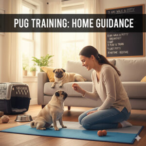 Huấn luyện chó Pug con ngồi nghe lệnh cùng chủ trong nhà