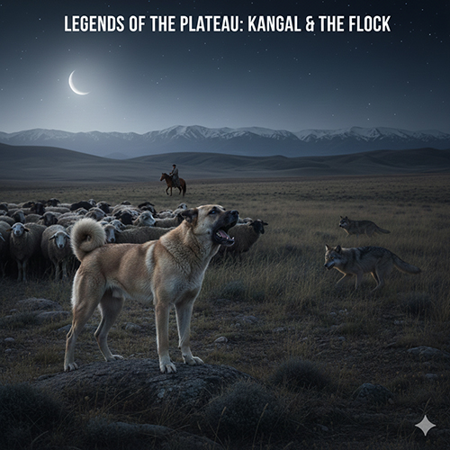 Hình chó Kangal cảnh giác giữa đêm, đứng trước đàn cừu với những con sói rình rập xung quanh trên cao nguyên