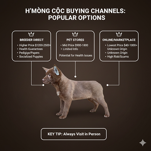 Infographic về các kênh mua bán chó Mông Cộc phổ biến và ưu nhược điểm của từng kênh