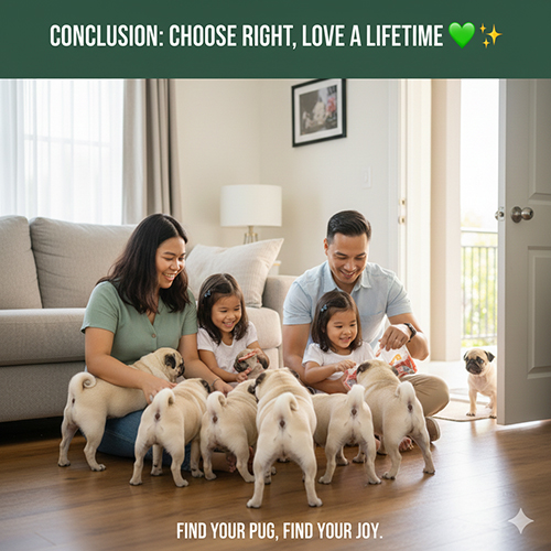 Kết: chọn đúng nơi mua chó Pug mặt xệ, gia đình hạnh phúc chơi cùng đàn Pug con trong phòng khách