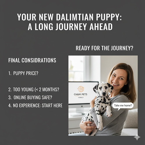 Người phụ nữ ôm chó Đốm con trên tay, sẵn sàng bắt đầu hành trình nuôi cún Dalmatian