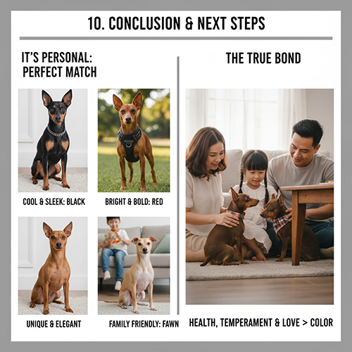 Bốn chú Phốc hươu với bốn màu lông khác nhau và một gia đình đang chơi cùng hai bé chó, thể hiện lựa chọn màu mang tính cá nhân và sự gắn bó quan trọng hơn màu sắc