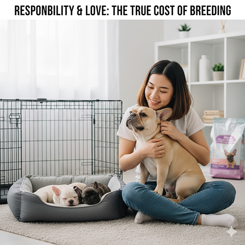 Chủ đang ôm một bé Bull Pháp mẹ bên cạnh ổ chó con mới sinh, thể hiện trách nhiệm và tình yêu trong quá trình sinh sản.