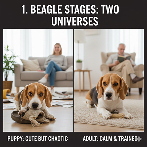 So sánh Beagle con hiếu động và Beagle trưởng thành điềm tĩnh trong cùng không gian sống