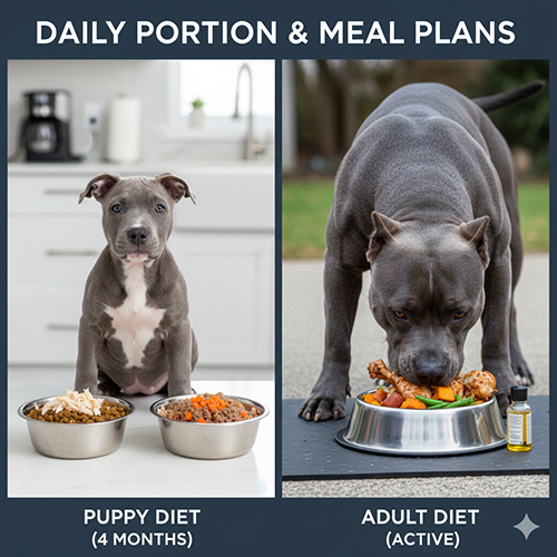 Khẩu phần ăn hằng ngày cho Pitbull con và Pitbull trưởng thành theo mức vận động