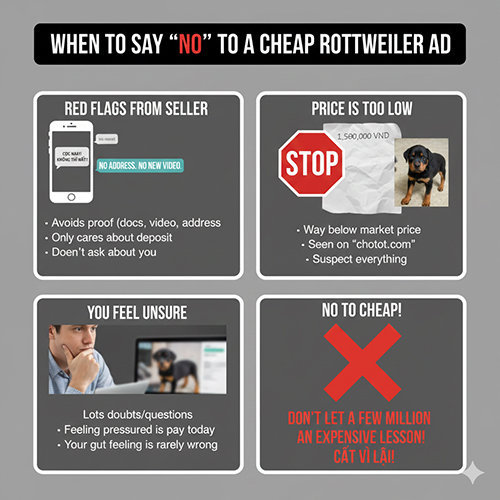 Dấu hiệu nên nói không với tin rao chó Rottweiler giá rẻ khi người bán né bằng chứng và giá quá thấp