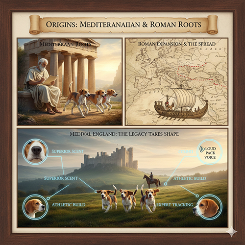 Khởi nguồn chó Beagle ở Địa Trung Hải với tổ tiên là các giống chó săn mùi tai dài, mũi thính