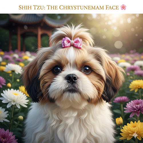 Khuôn mặt hoa cúc đặc trưng của giống chó Shih Tzu với mắt to và lông xòe mềm mại