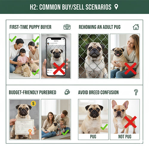 Các kịch bản mua bán chó Pug phổ biến: lần đầu mua Pug con, nhận nuôi lại Pug trưởng thành, tìm Pug thuần giá vừa túi tiền và tránh nhầm giống