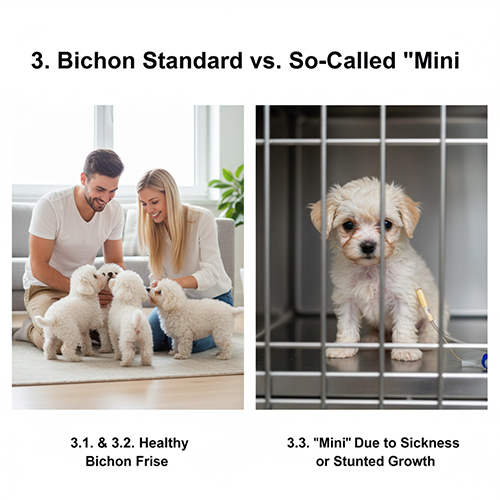 So sánh Bichon Frise chuẩn khỏe mạnh với bé Bichon “mini” còi cọc hoặc chậm lớn