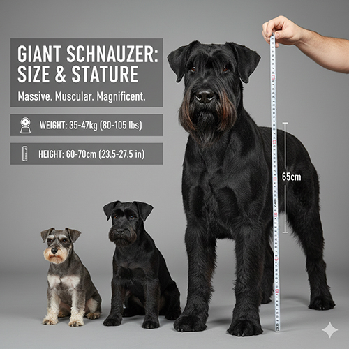 Giant Schnauzer cỡ lớn đứng cạnh thước đo chiều cao, so sánh kích thước với Schnauzer nhỏ hơn