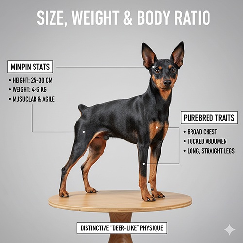 Chó Phốc hươu (Minpin) đứng trên bàn, minh họa các thông số chiều cao, cân nặng và tỷ lệ cơ thể của giống thuần chủng: ngực nở, bụng thon, chân thẳng.