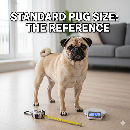 Kích thước tiêu chuẩn của chó Pug trưởng thành với chiều cao và cân nặng tham chiếu