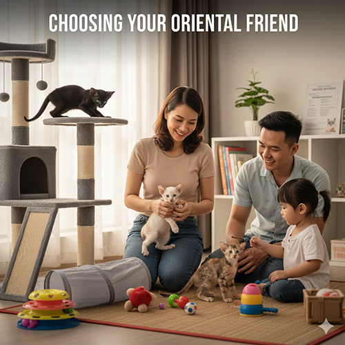 Gia đình chọn mua và chơi cùng mèo Oriental con trong không gian sinh hoạt ấm áp