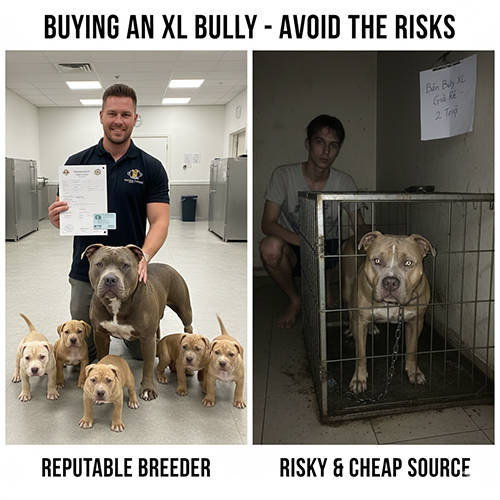 Ảnh so sánh mua XL Bully từ trại uy tín có giấy tờ và nguồn giá rẻ rủi ro với chó bị nhốt trong lồng