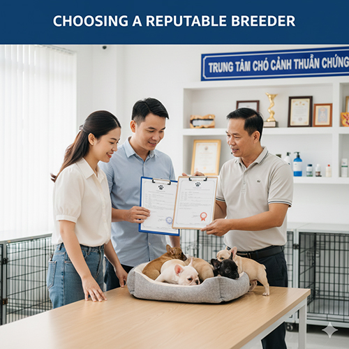 Một cơ sở phối giống uy tín đang giới thiệu giấy tờ và đực giống cho khách trước khi phối Bull Pháp cái.