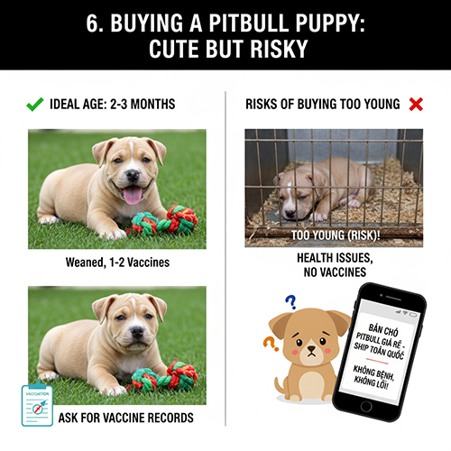 Hình minh họa Pitbull con 2–3 tháng khỏe mạnh và rủi ro khi mua bé quá nhỏ, chưa tiêm vaccine và dễ bệnh.