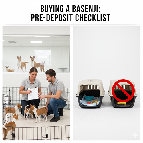 Người mua xem đàn chó Basenji và kiểm tra giấy tờ trước khi đặt cọc