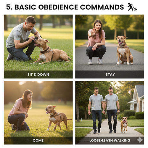 Huấn luyện lệnh vâng lời cơ bản cho chó Pitbull như ngồi, nằm, ở yên và đi cạnh chân