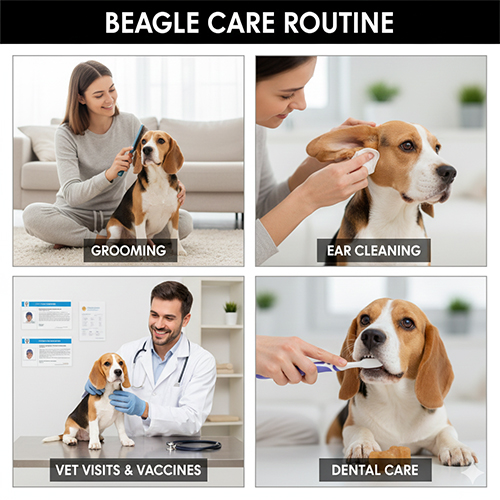 Chăm sóc chó Beagle hằng ngày gồm chải lông, vệ sinh tai, chăm sóc răng và khám thú y định kỳ