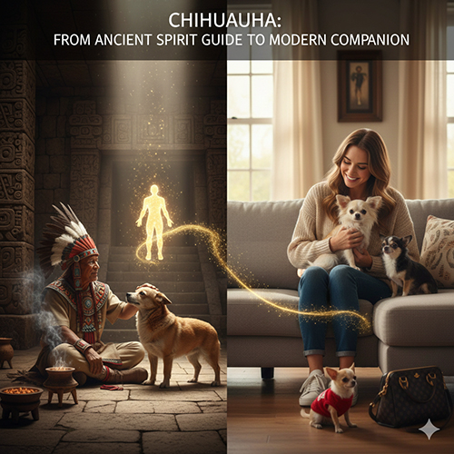 Hình minh họa lịch sử từ chó Techichi dẫn hồn thời cổ đại tới Chihuahua hiện đại sống trong gia đình