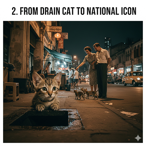 Mèo Singapura nằm bên miệng cống trên đường phố Singapore xưa, hình ảnh mèo cống drain cat