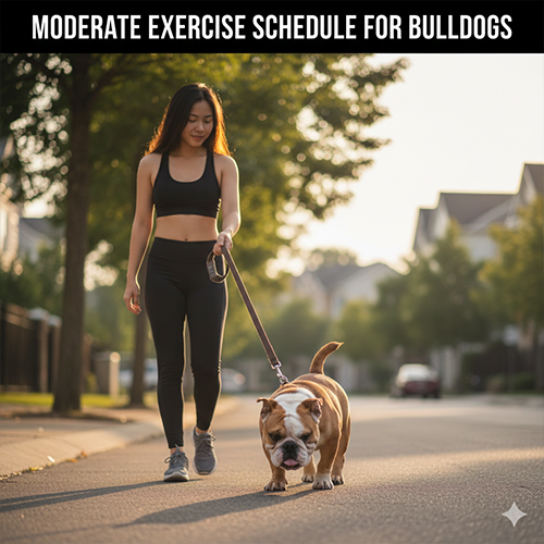 Dắt chó Bulldog Anh đi bộ nhẹ nhàng ngoài trời mát, vận động vừa đủ không quá sức