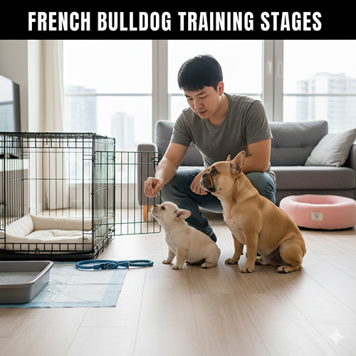 Chủ đang dạy hai bé Bull Pháp con các lệnh cơ bản bên cạnh lồng và khay vệ sinh