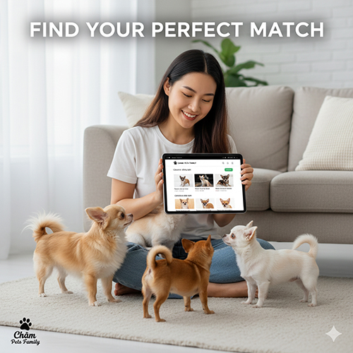 Hình ảnh cô gái xem danh sách Chihuahua trên máy tính bảng, xung quanh là nhiều chú Chihuahua nhỏ