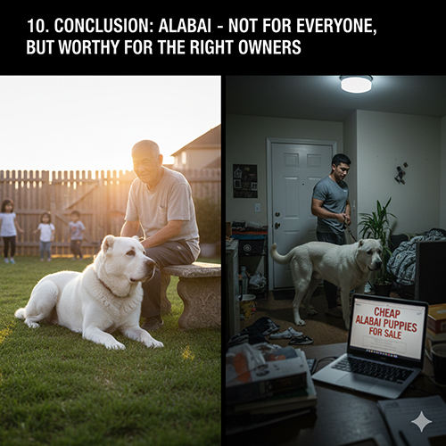 Chó Alabai trưởng thành nằm cạnh chủ trong sân vườn và sự đối lập khi nuôi sai điều kiện